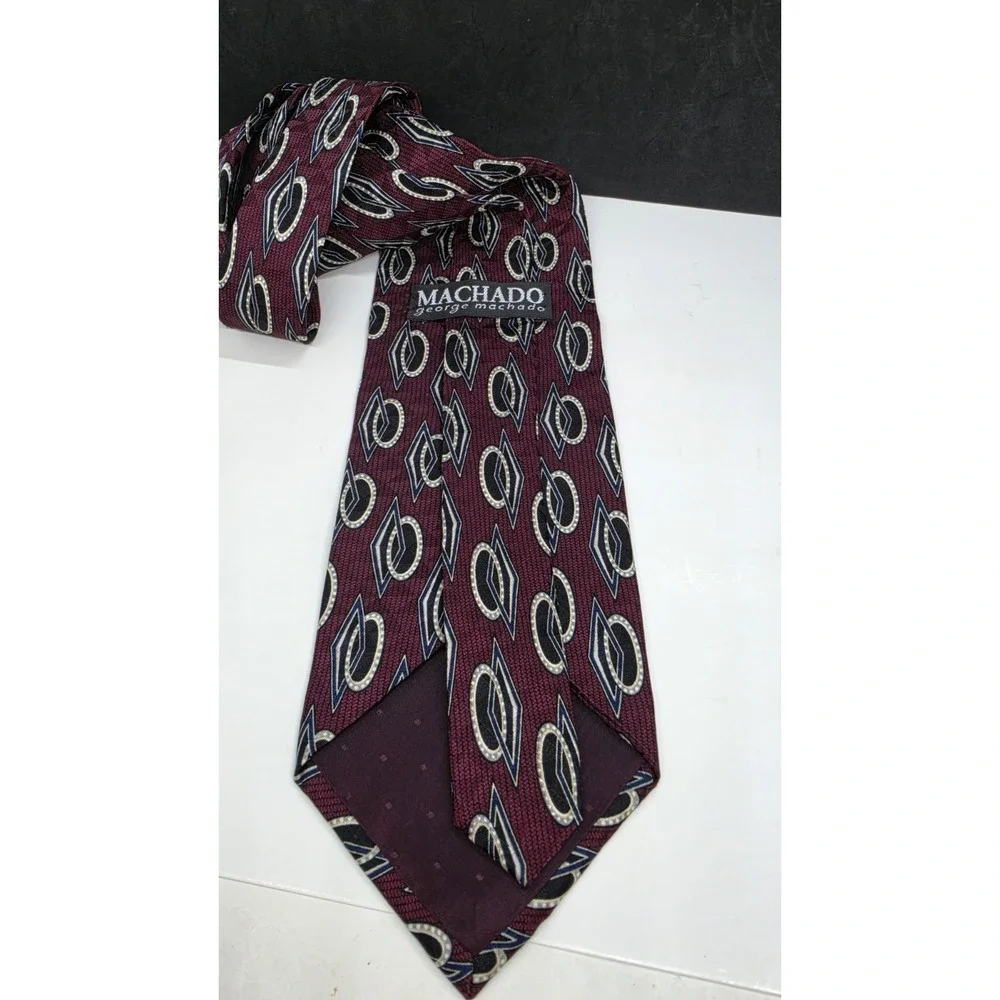 George Machado Maroon Black Geometric 100% Imported Silk Necktie Men's Tie